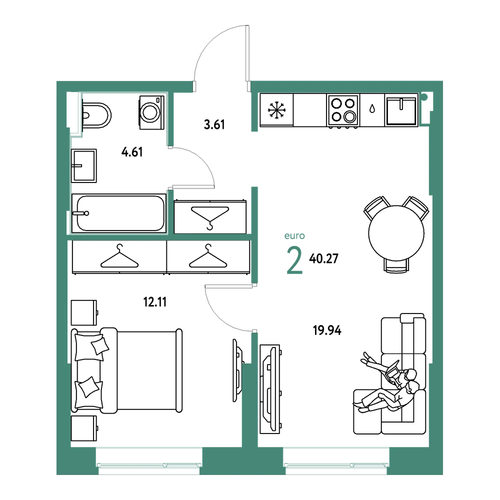 Планировка: Евродвушка 40,27 м²