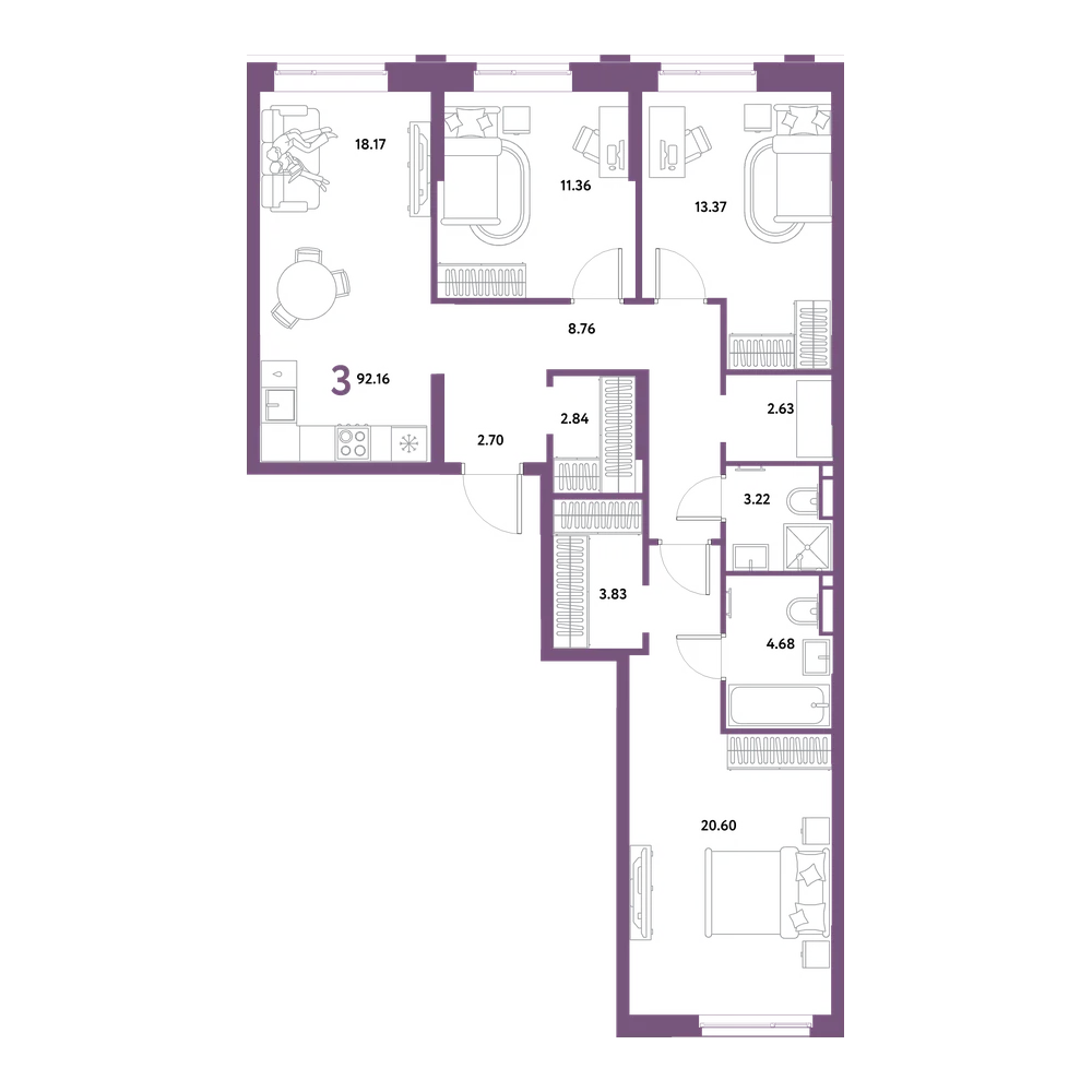 Планировка: 3-комнатная 92,16 м²
