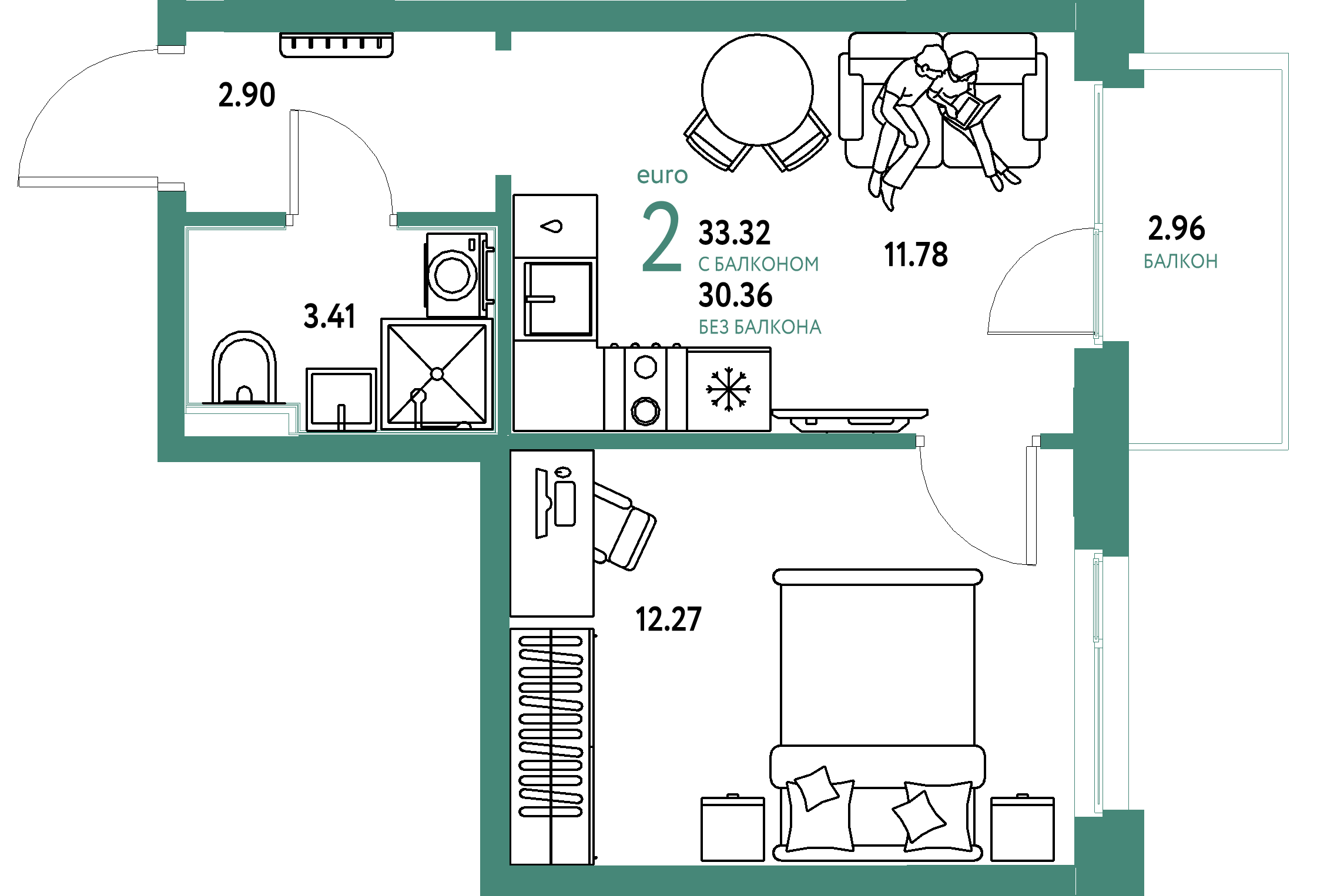 Планировка: Евродвушка 33,04 м² в ЖК «Домашний»