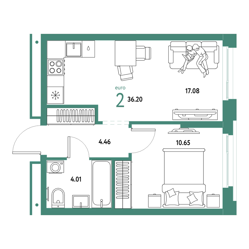 Планировка: Евродвушка 36,2 м²