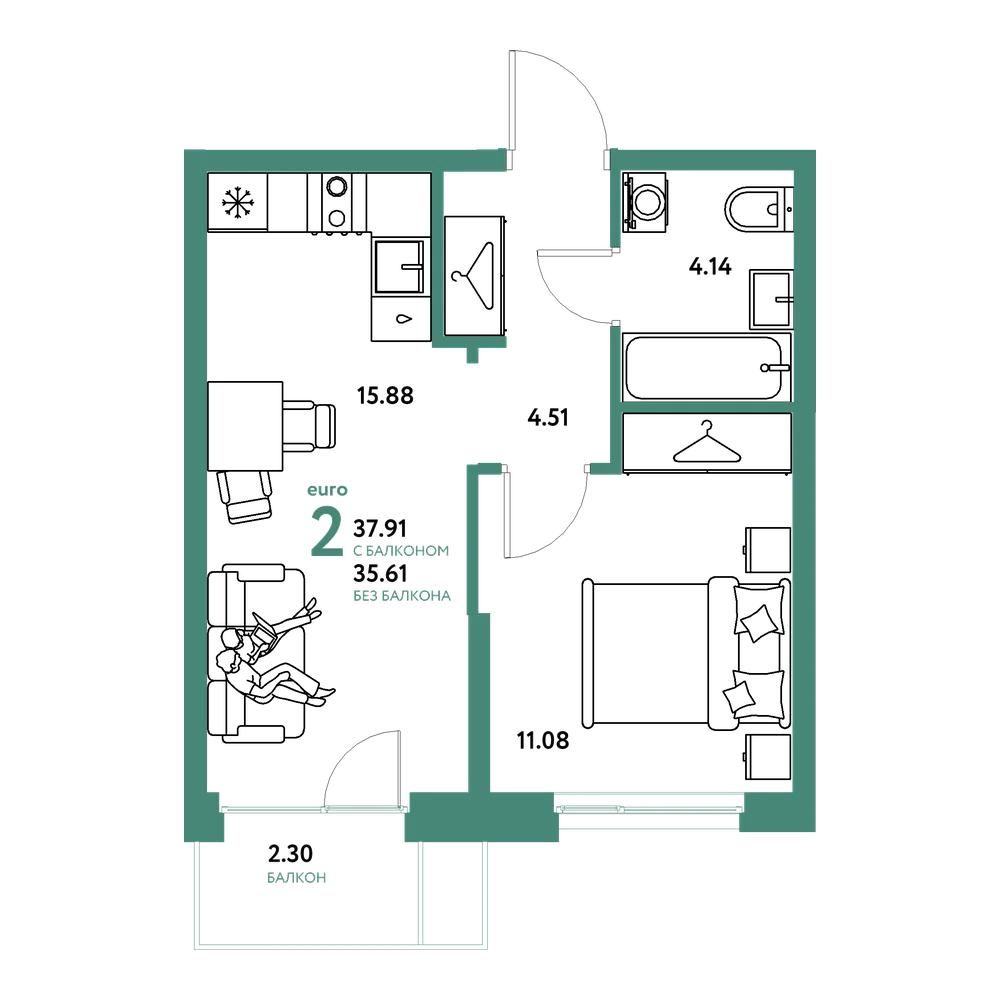 Планировка: Евродвушка 37,91 м²
