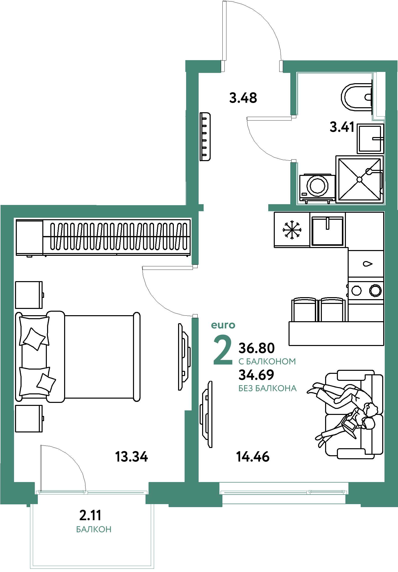 Планировка: Евродвушка 36,8 м² в ЖК «Домашний»