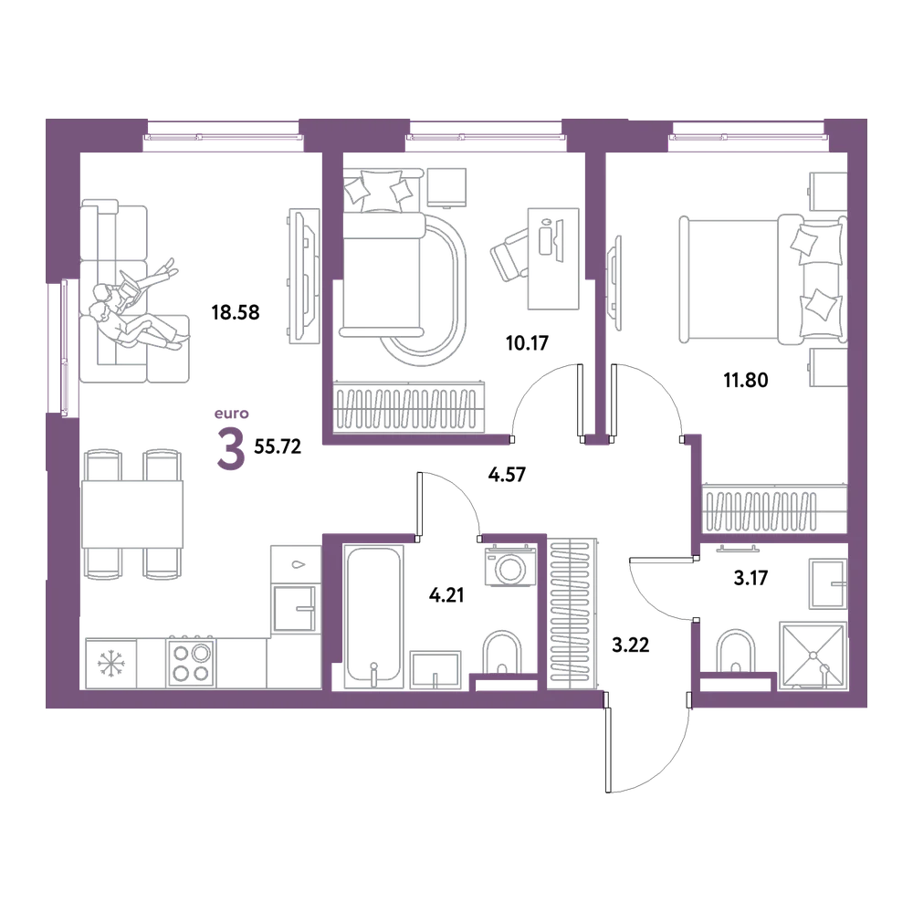 Планировка: Евротрёшка 55,72 м²