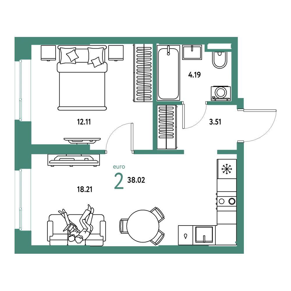 Планировка: Евродвушка 38,02 м²