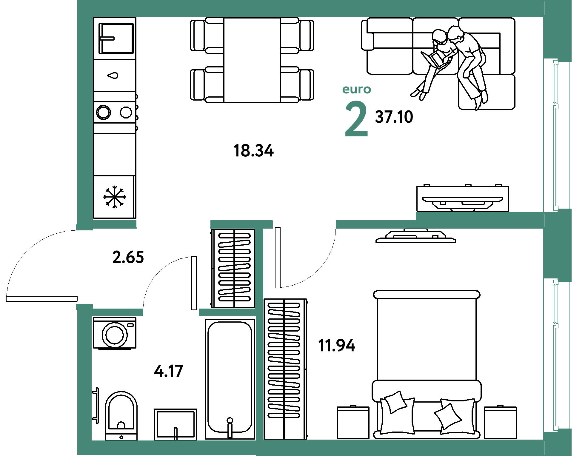 Планировка: Евродвушка 37,1 м² в ЖК «Европейский берег 2.0»