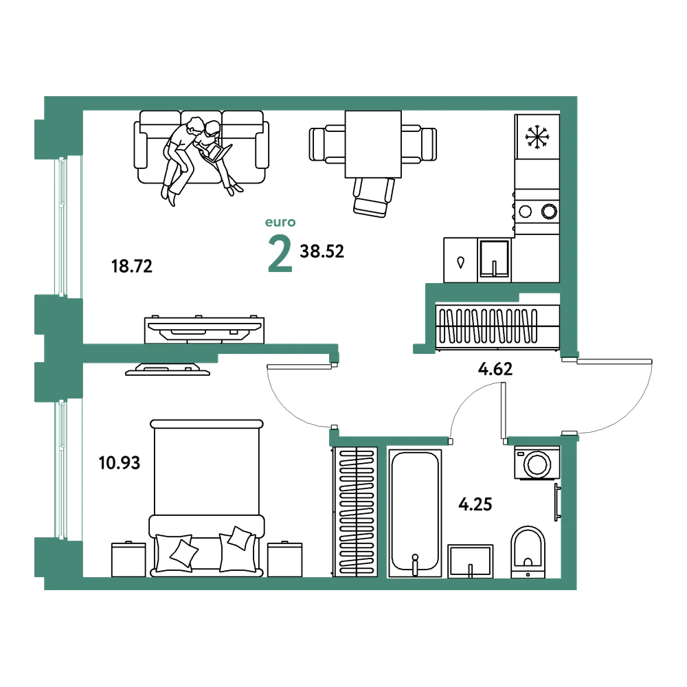 Планировка: Евродвушка 38,52 м²