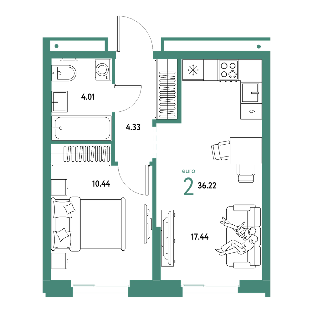 Планировка: Евродвушка 36,22 м²