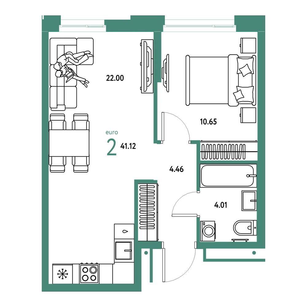 Планировка: Евродвушка 41,12 м²