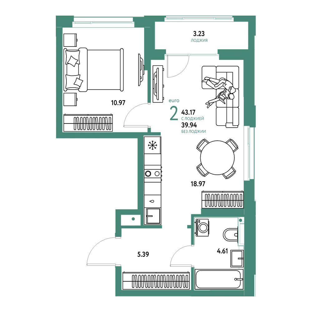 Планировка: Евродвушка 43,22 м²