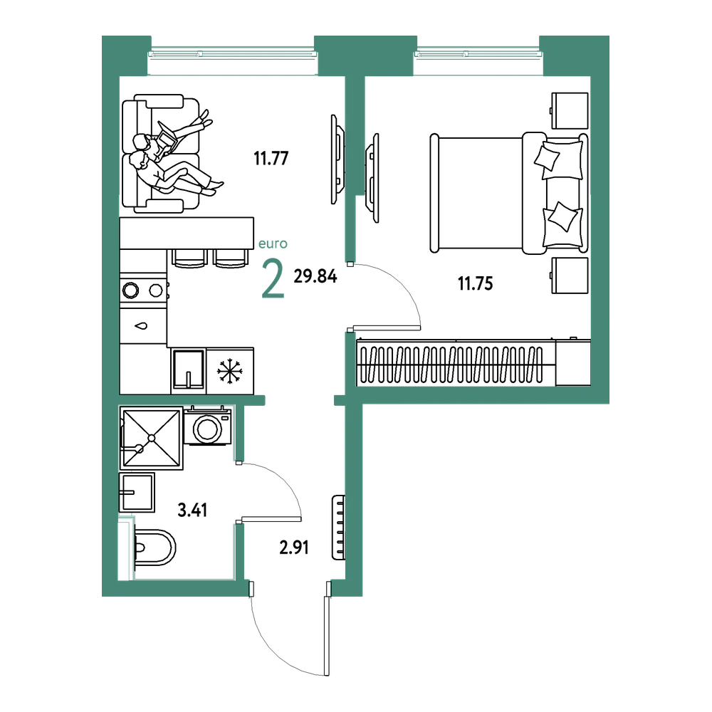 Планировка: Евродвушка 29,84 м²