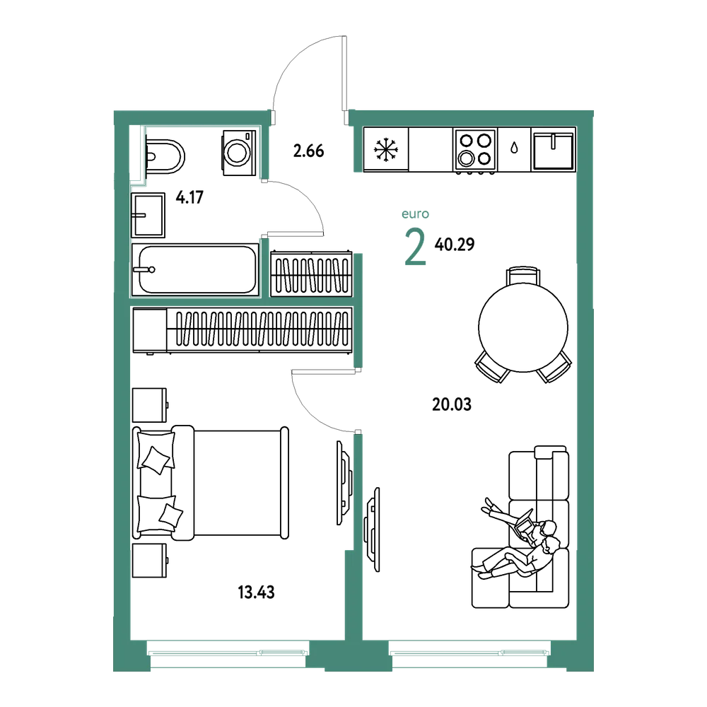 Планировка: Евродвушка 40,29 м²