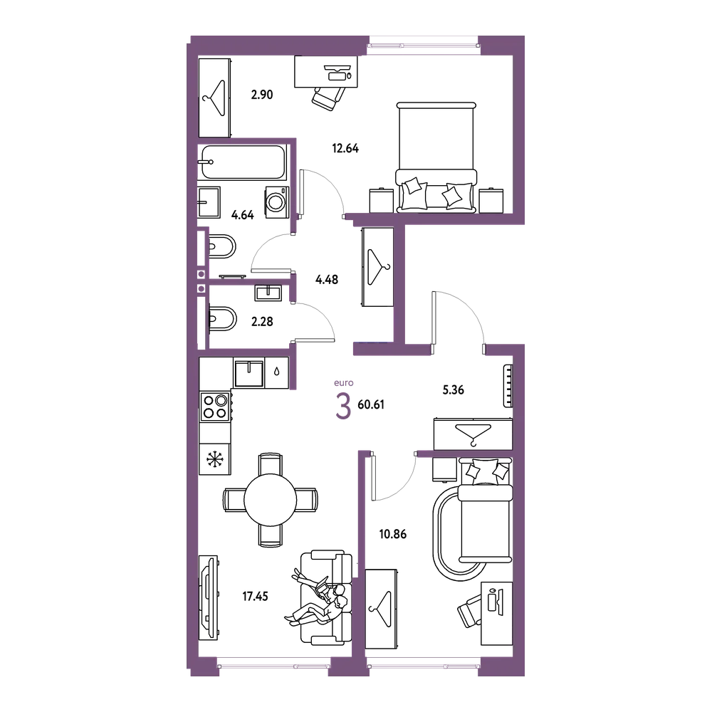 Планировка: Евротрёшка 60,61 м²