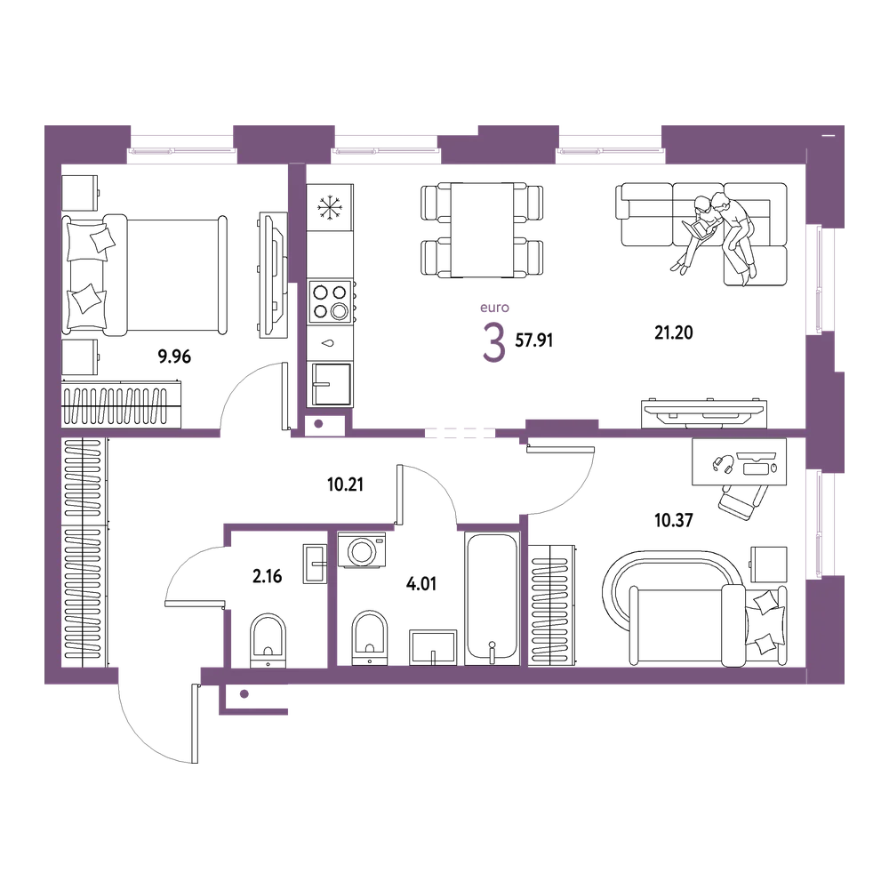 Планировка: Евротрёшка 57,91 м²