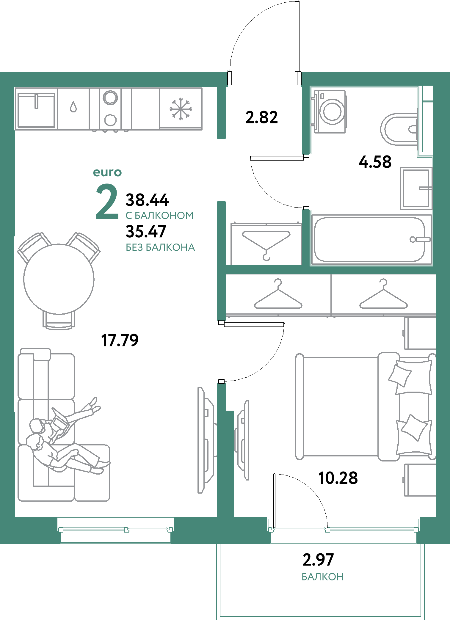 Планировка: Евродвушка 38,44 м² в ЖК «Остров-сад»