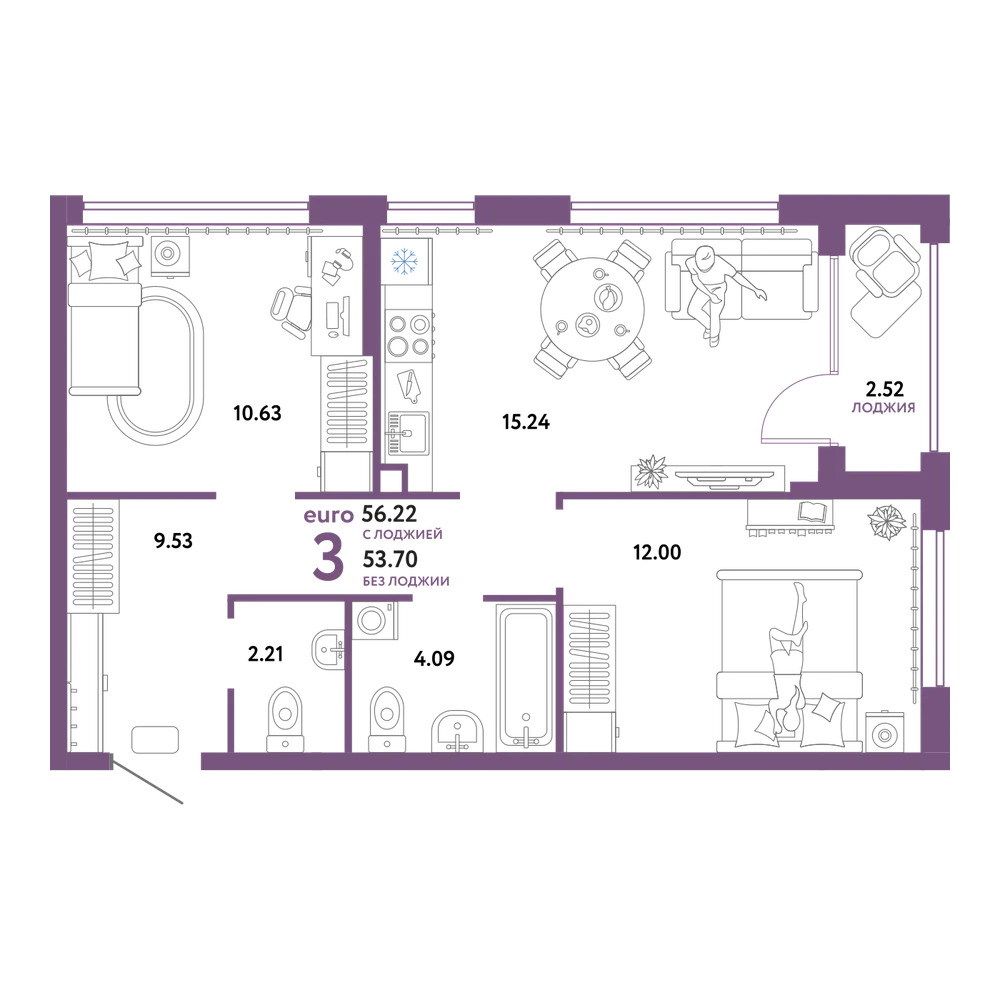 Планировка: Евротрёшка 56,21 м²