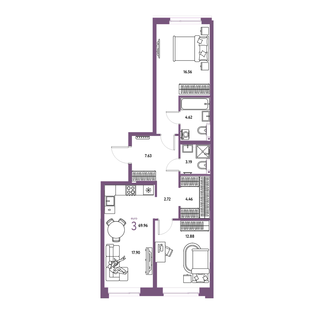 Планировка: Евротрёшка 69,96 м²