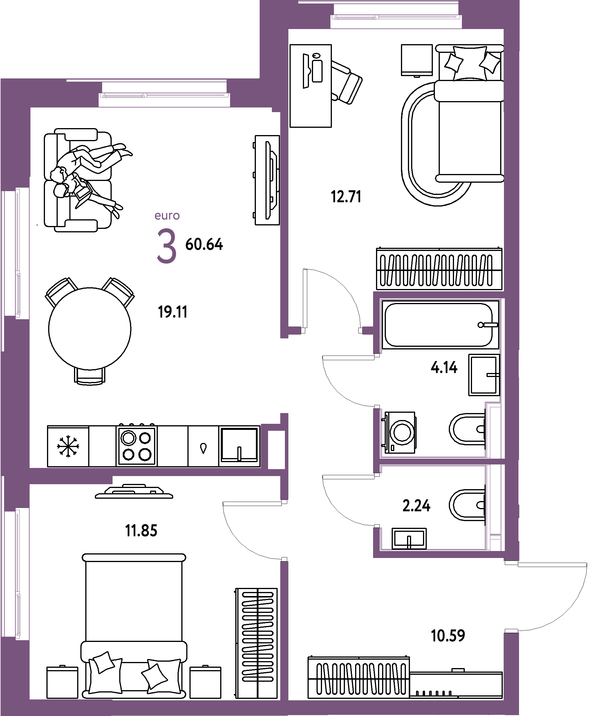 Планировка: Евротрёшка 60,64 м² в ЖК «Домашний»