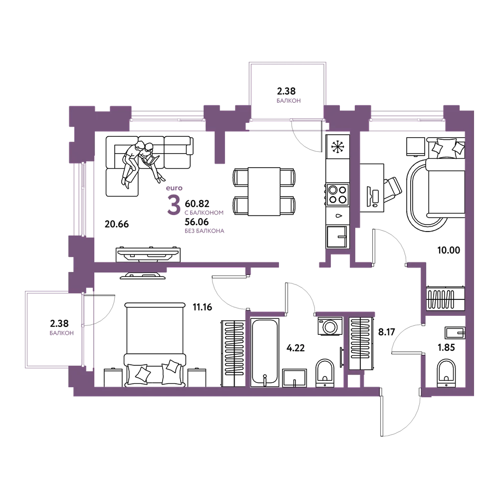 Планировка: Евротрёшка 60,82 м²