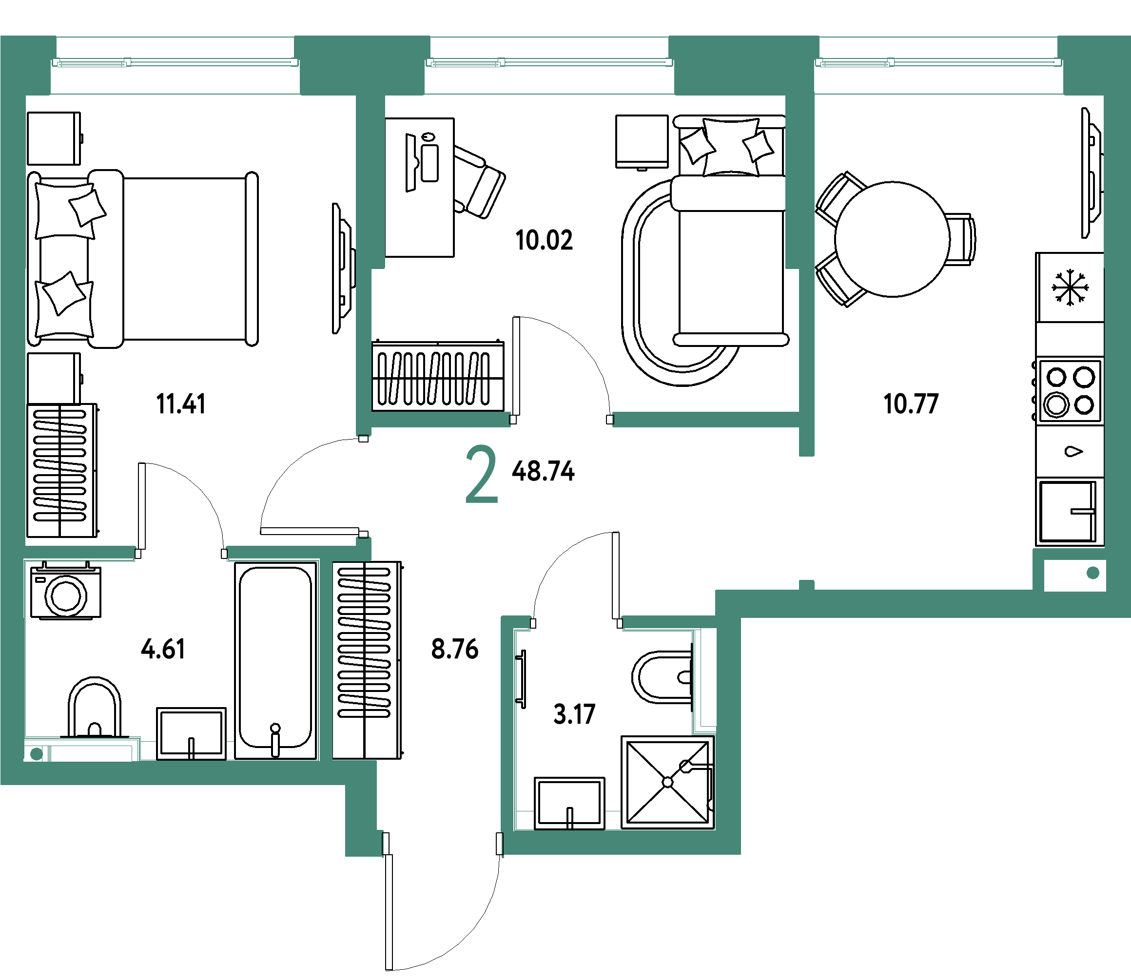 Планировка: 2-комнатная 48,74 м² в ЖК «Остров-сад»