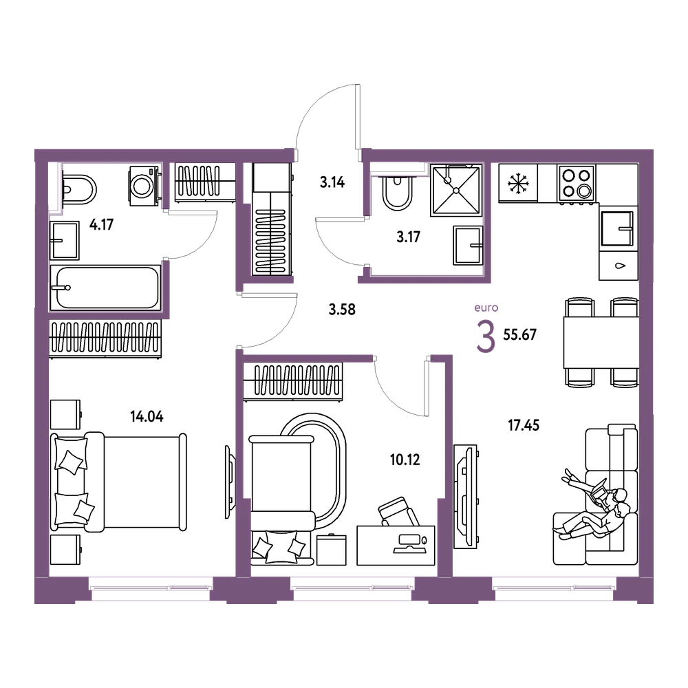 Планировка: Евротрёшка 55,67 м²