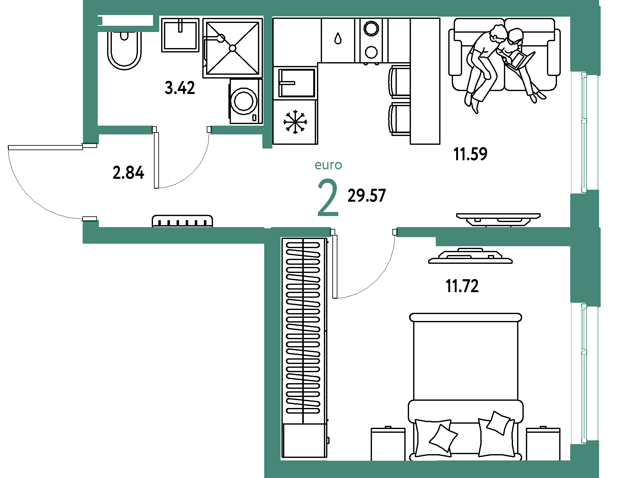 Планировка: Евродвушка 29,57 м² в ЖК «Остров-сад»