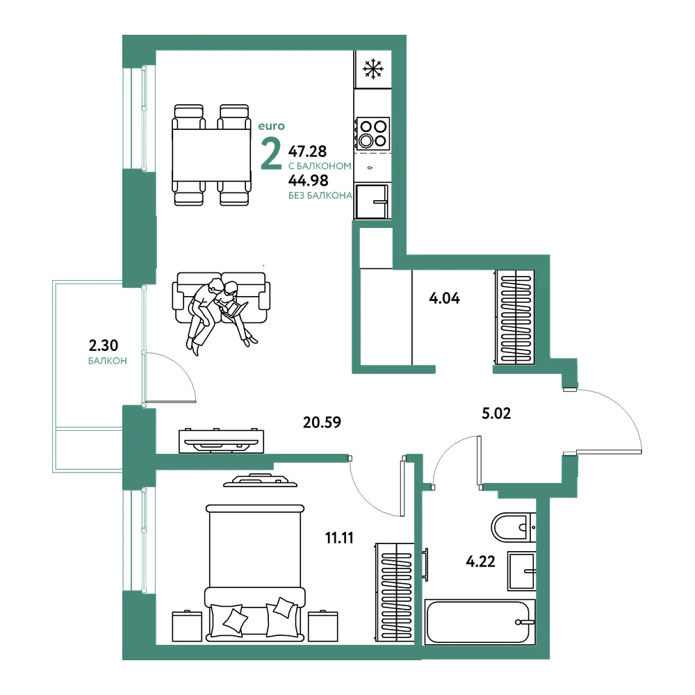 Планировка: Евродвушка 47,28 м²