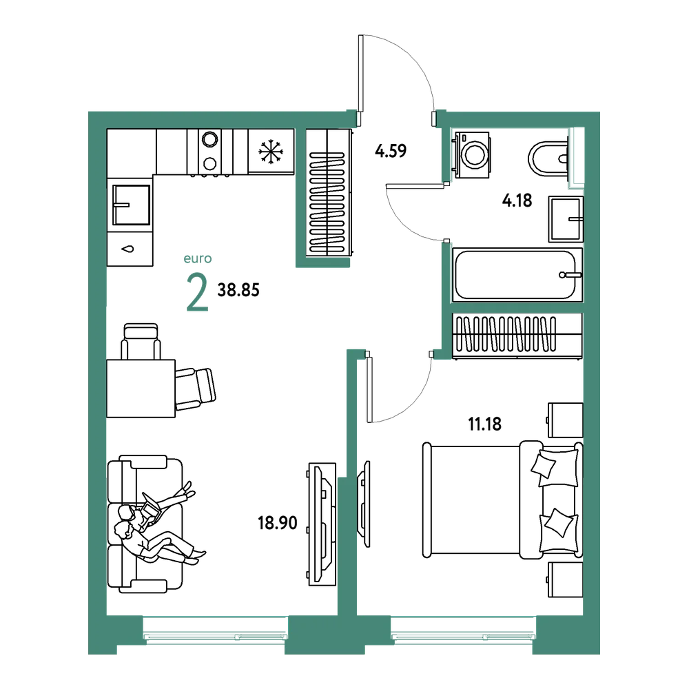 Планировка: Евродвушка 38,83 м²