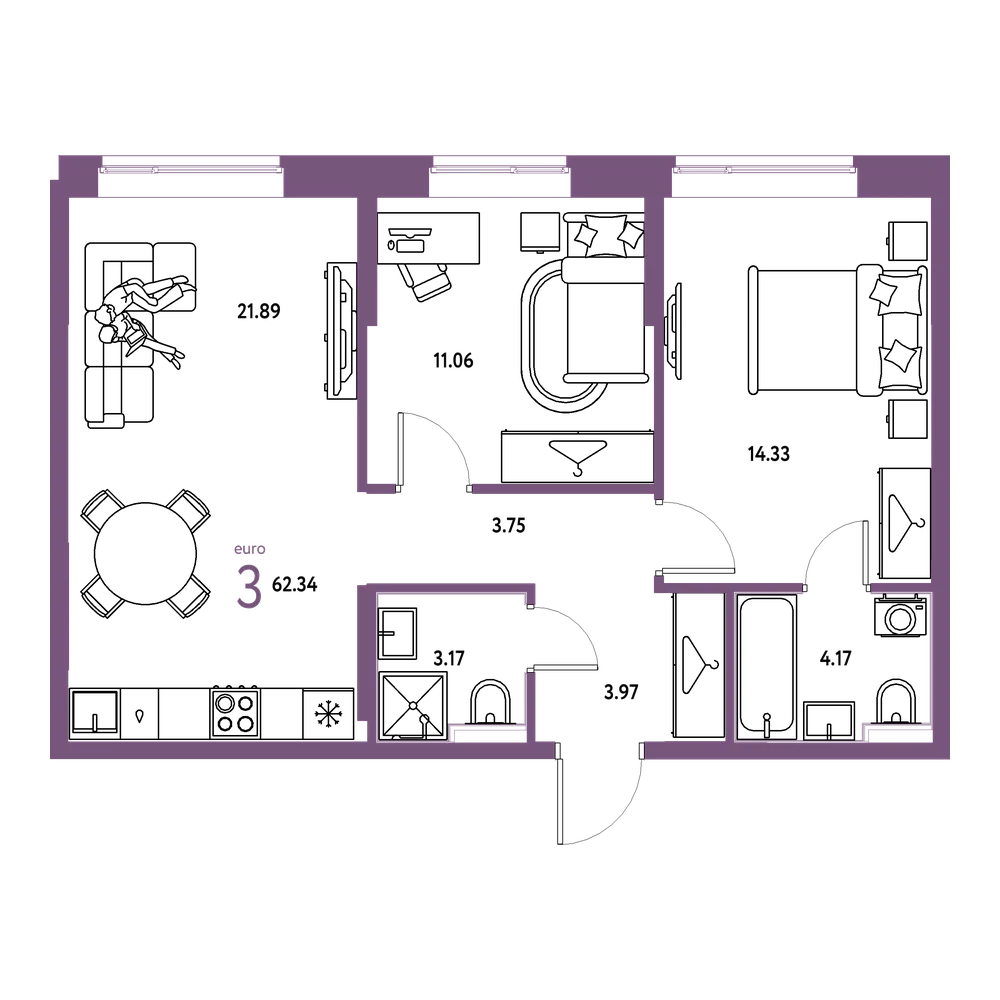Планировка: Евротрёшка 62,34 м²