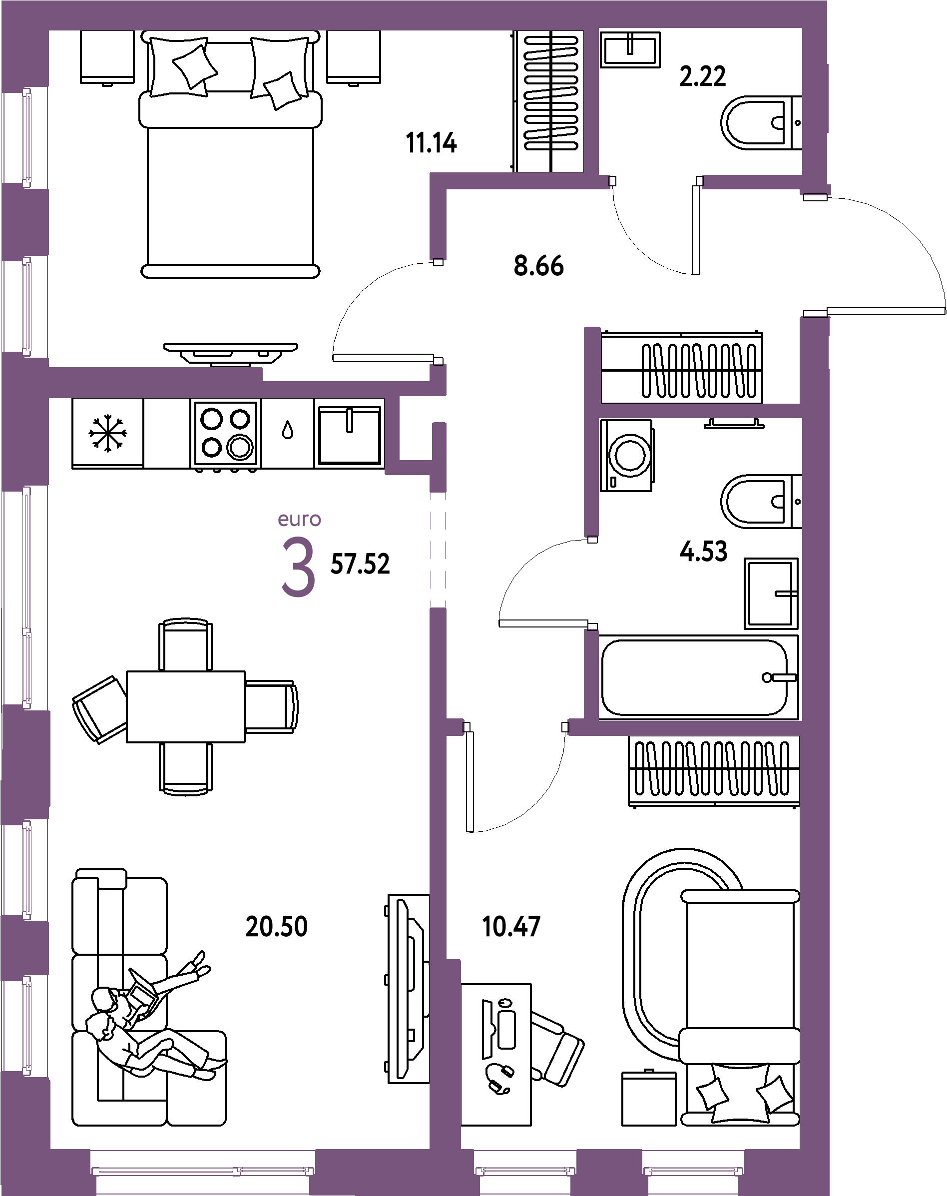 Планировка: Евротрёшка 57,52 м² в ЖК «Домашний»