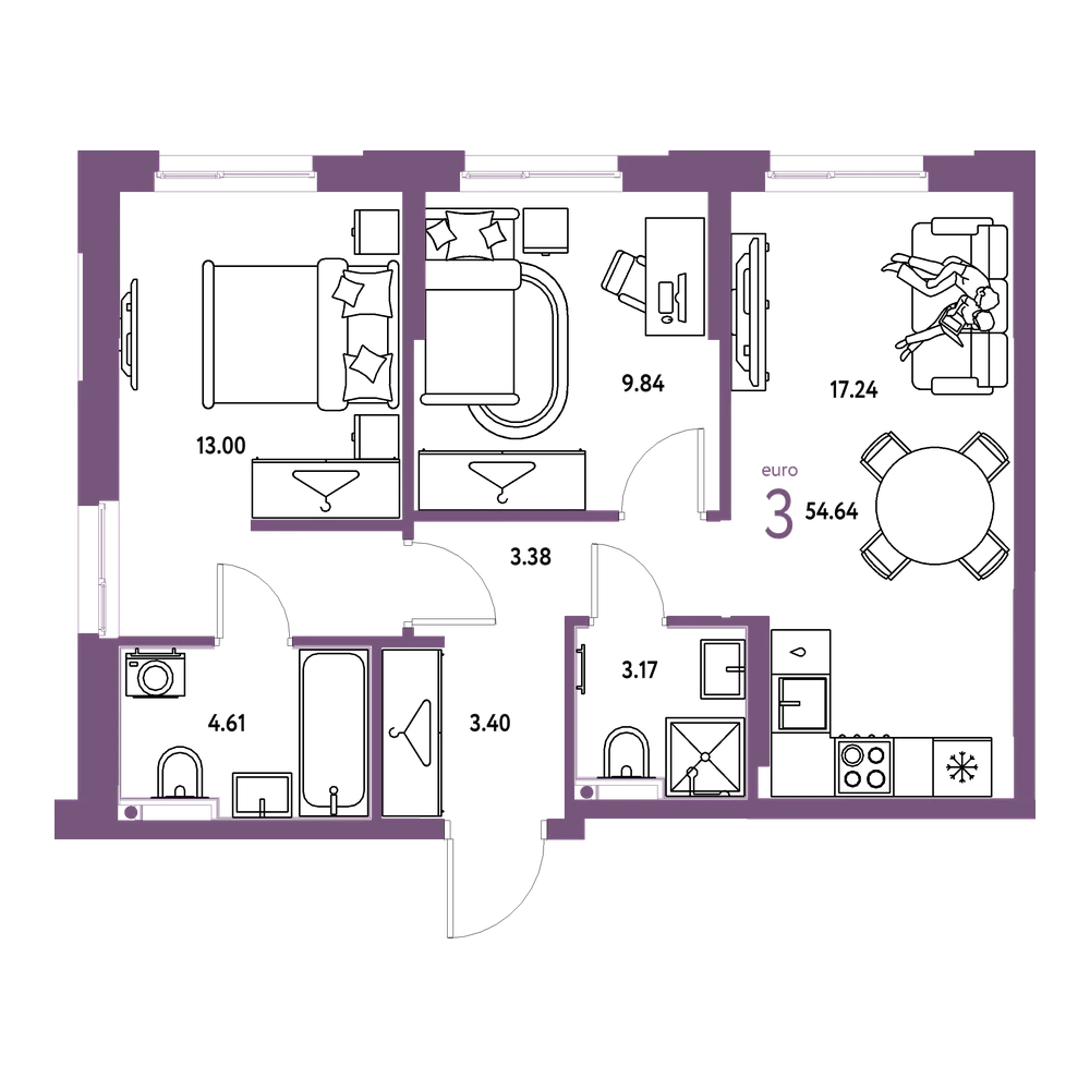 Планировка: Евротрёшка 54,64 м²