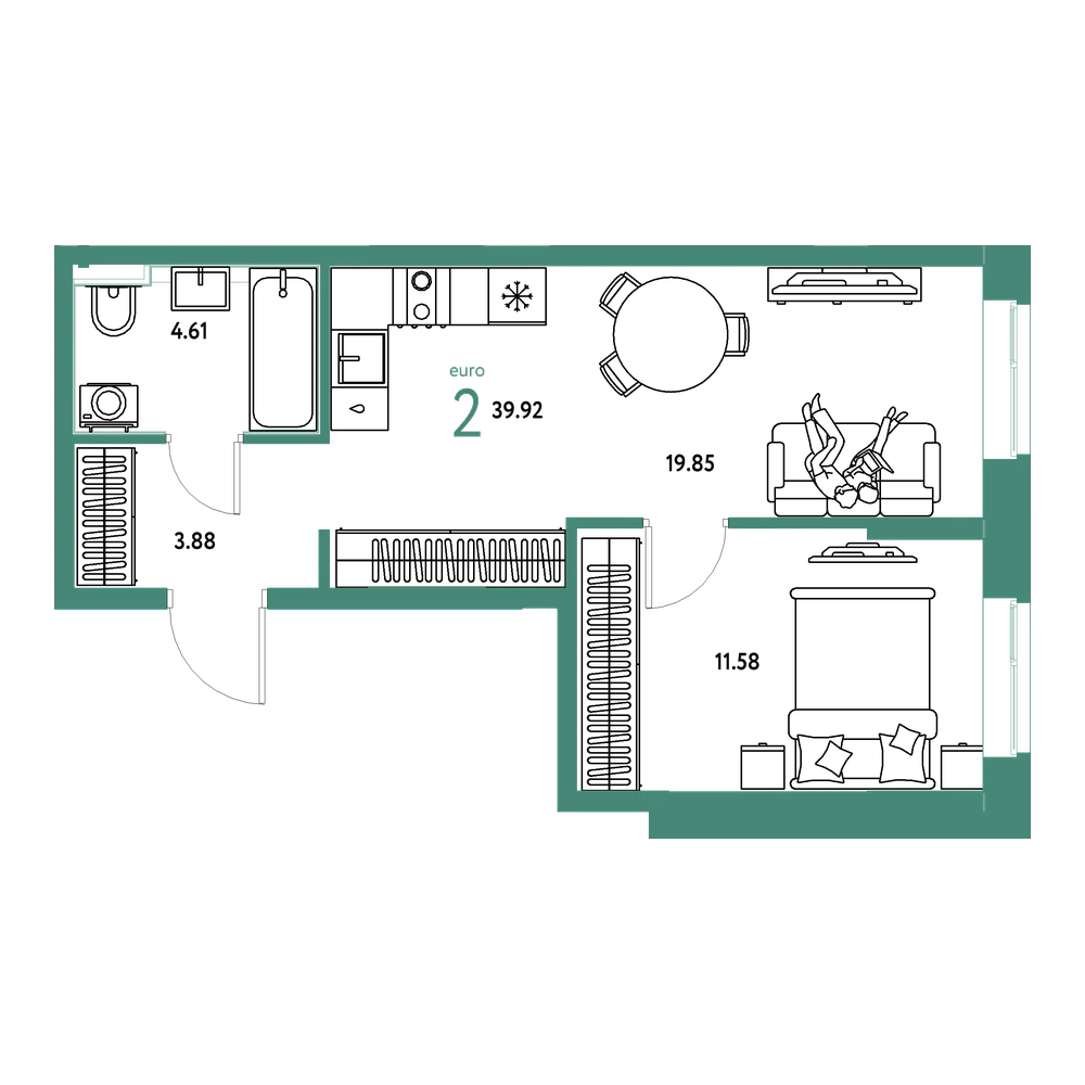 Планировка: Евродвушка 39,92 м²