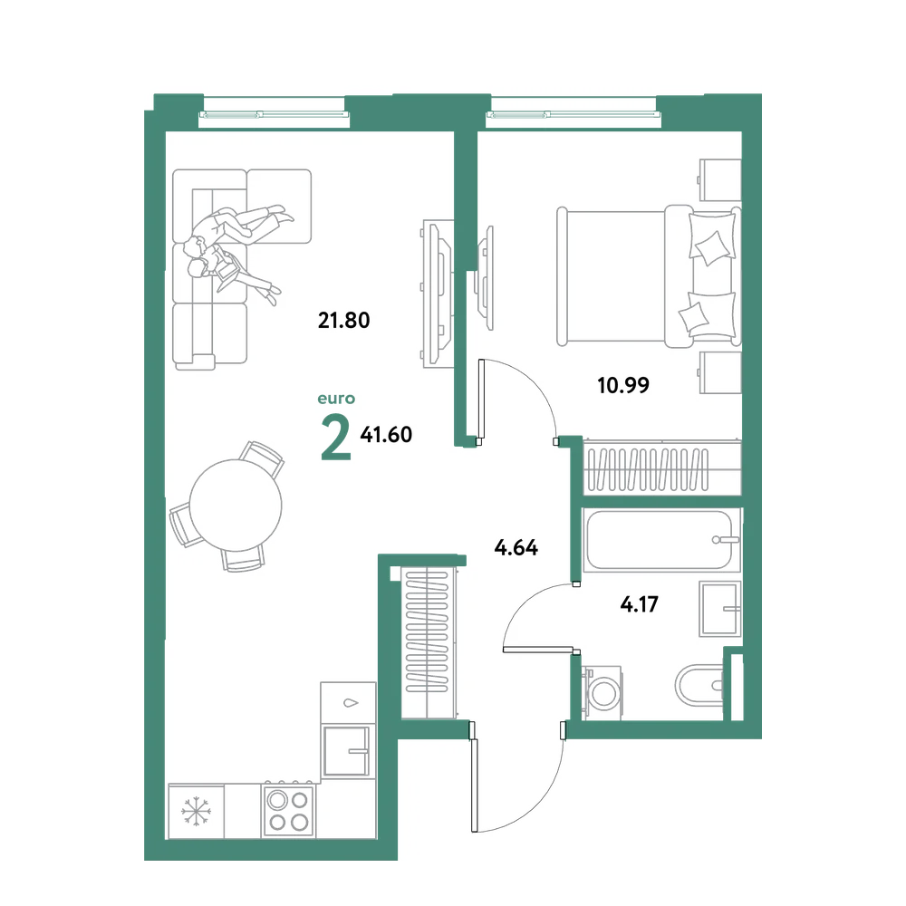 Планировка: Евродвушка 41,6 м²