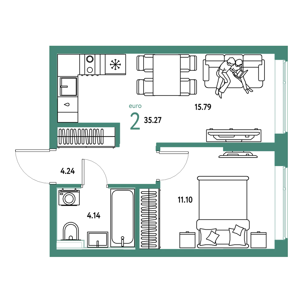 Планировка: Евродвушка 35,27 м²