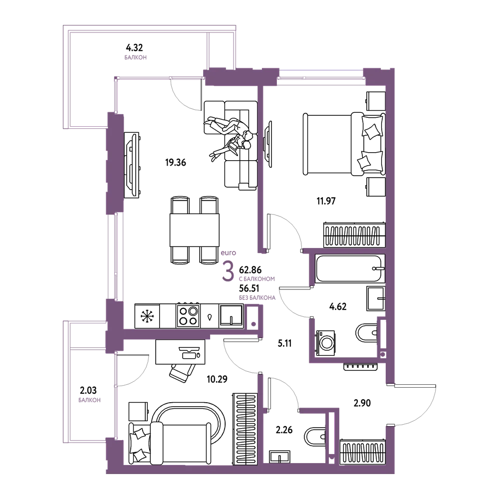 Планировка: Евротрёшка 62,86 м²