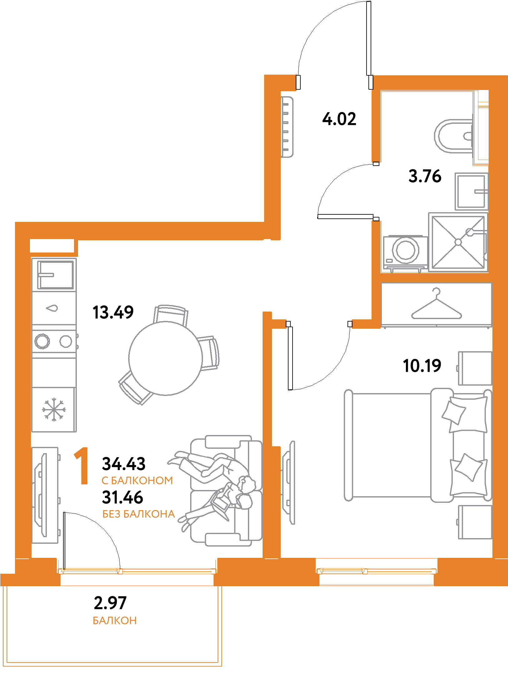 Планировка: 1-комнатная 34,43 м² в ЖК «Остров-сад»