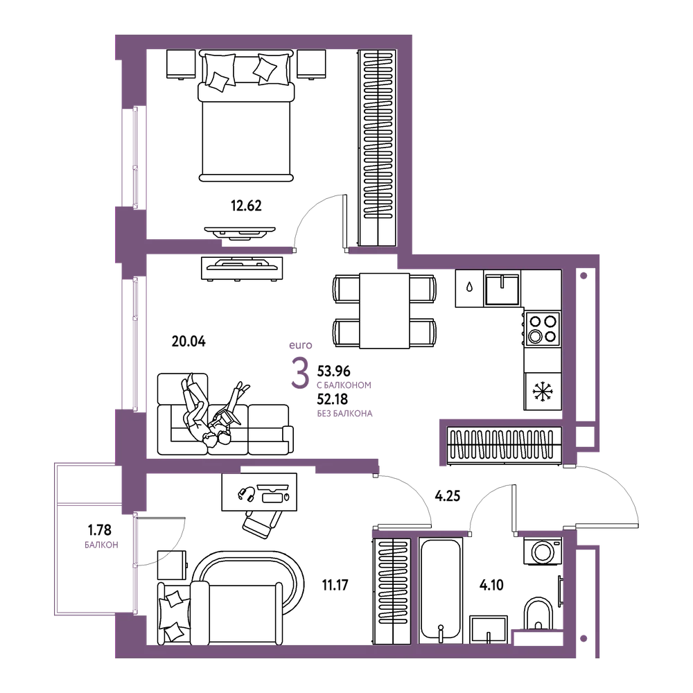 Планировка: Евротрёшка 53,96 м²