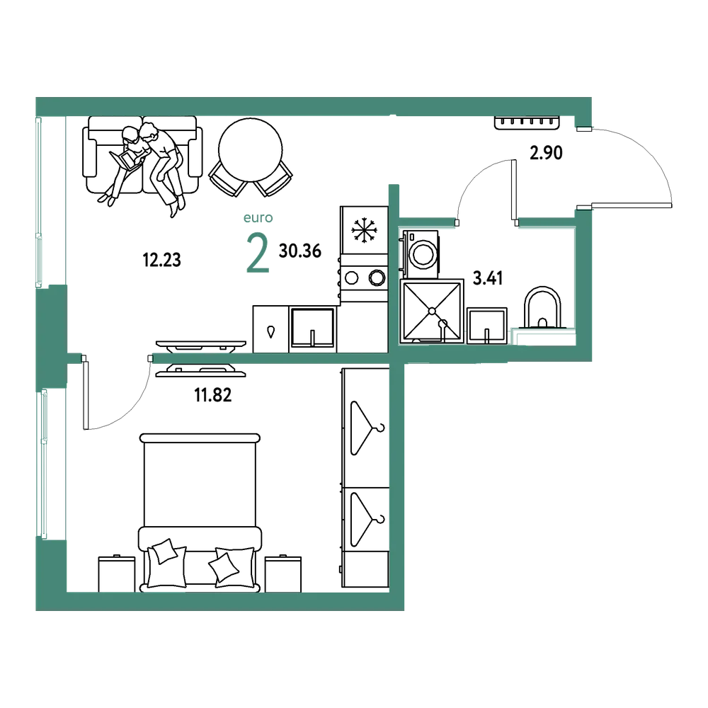 Планировка: Евродвушка 30,36 м²