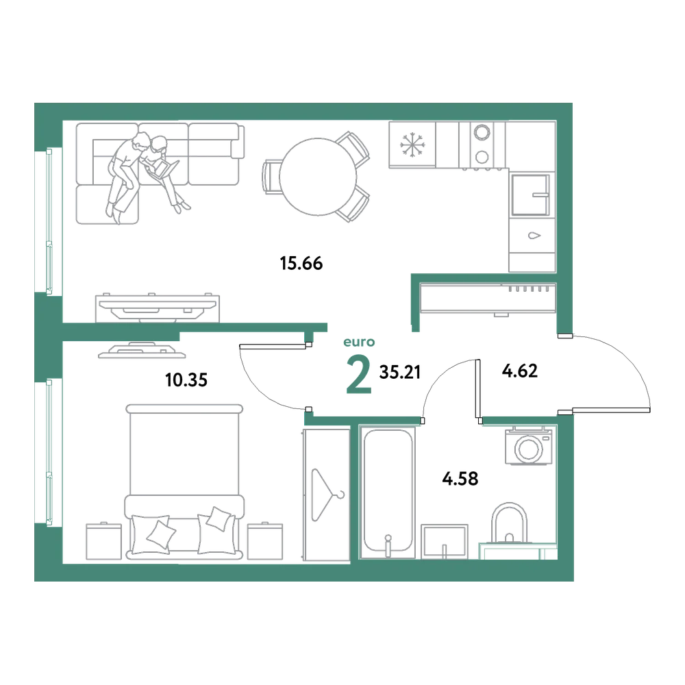 Планировка: Евродвушка 35,21 м²