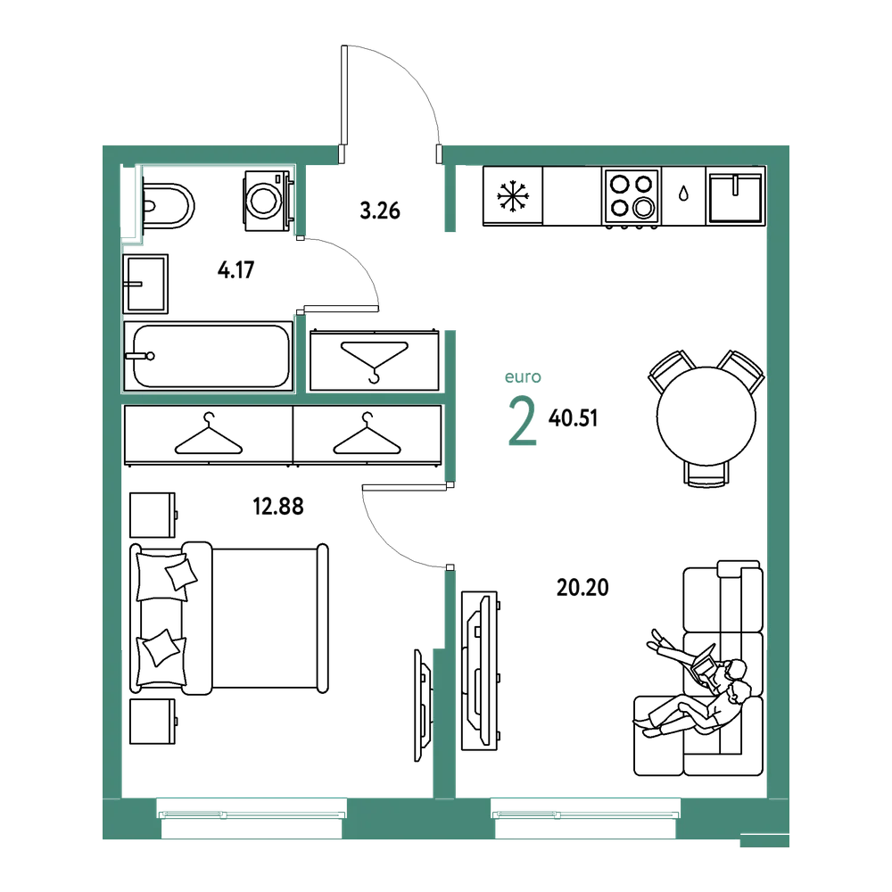 Планировка: Евродвушка 40,51 м²