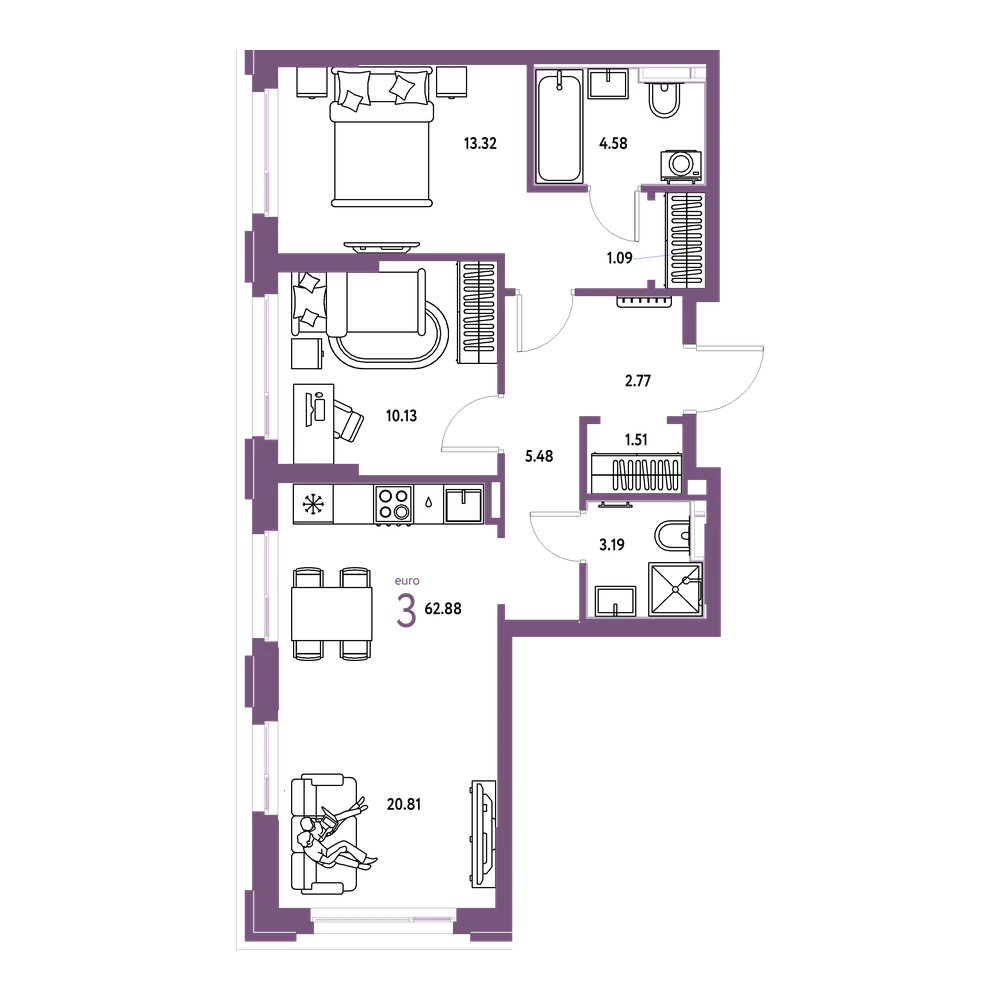 Планировка: Евротрёшка 62,88 м²