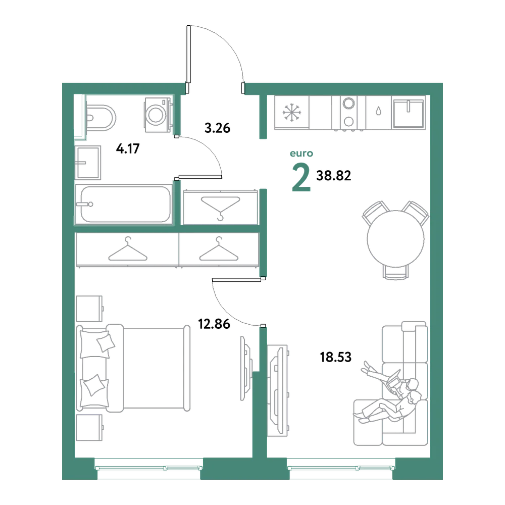 Планировка: Евродвушка 38,82 м²