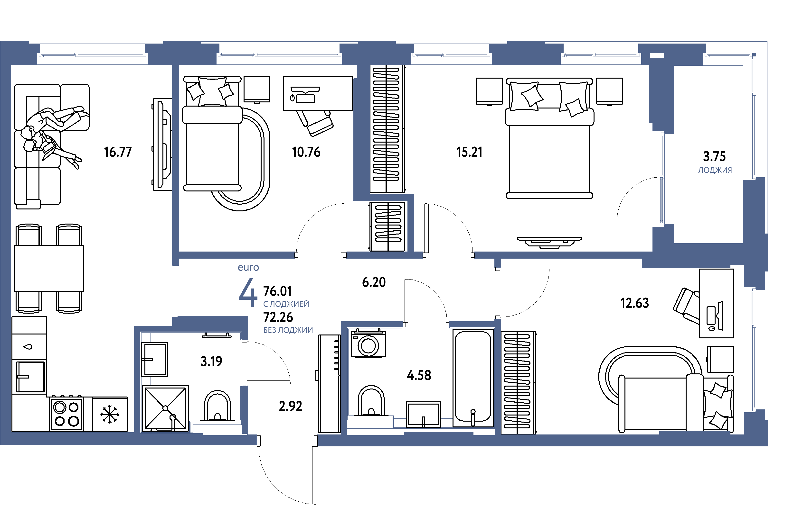 Планировка: Евро-4 76,01 м² в ЖК «Сердце Сибири»