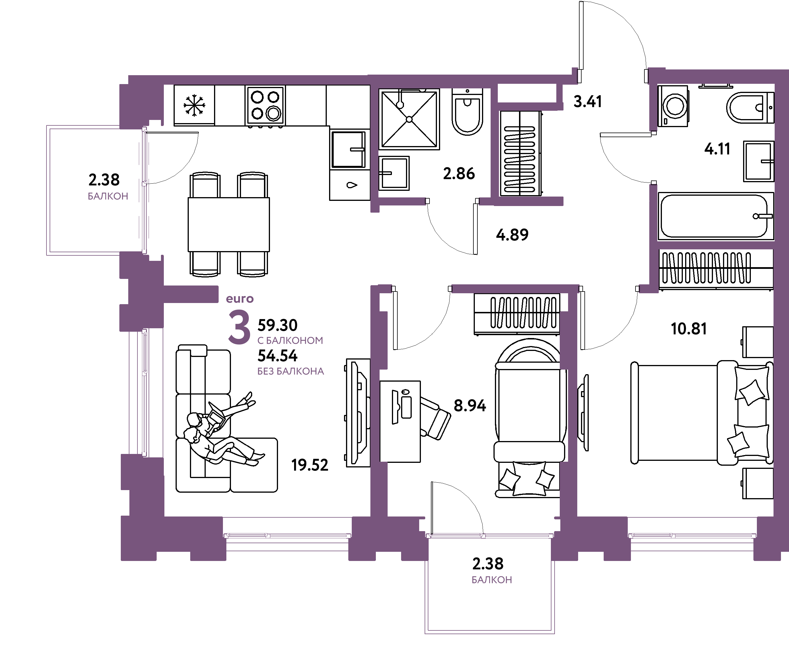Планировка: Евротрёшка 59,3 м² в ЖК «Европейский берег 2.0»