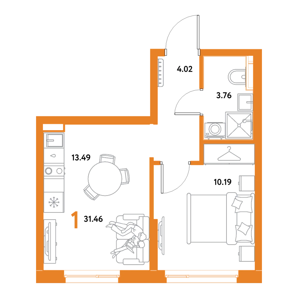 Планировка: 1-комнатная 31,46 м²
