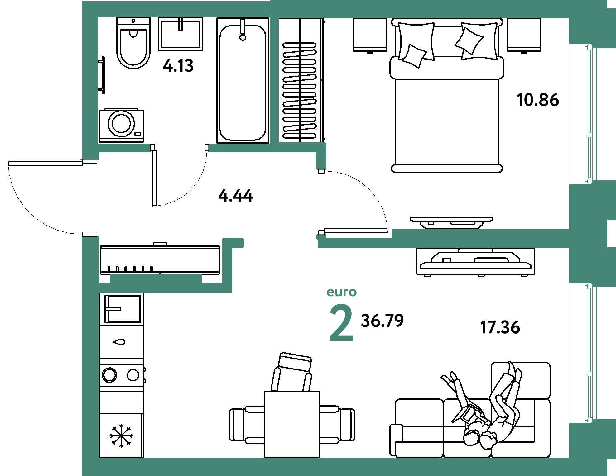 Планировка: Евродвушка 36,79 м² в ЖК «Европейский берег 2.0»