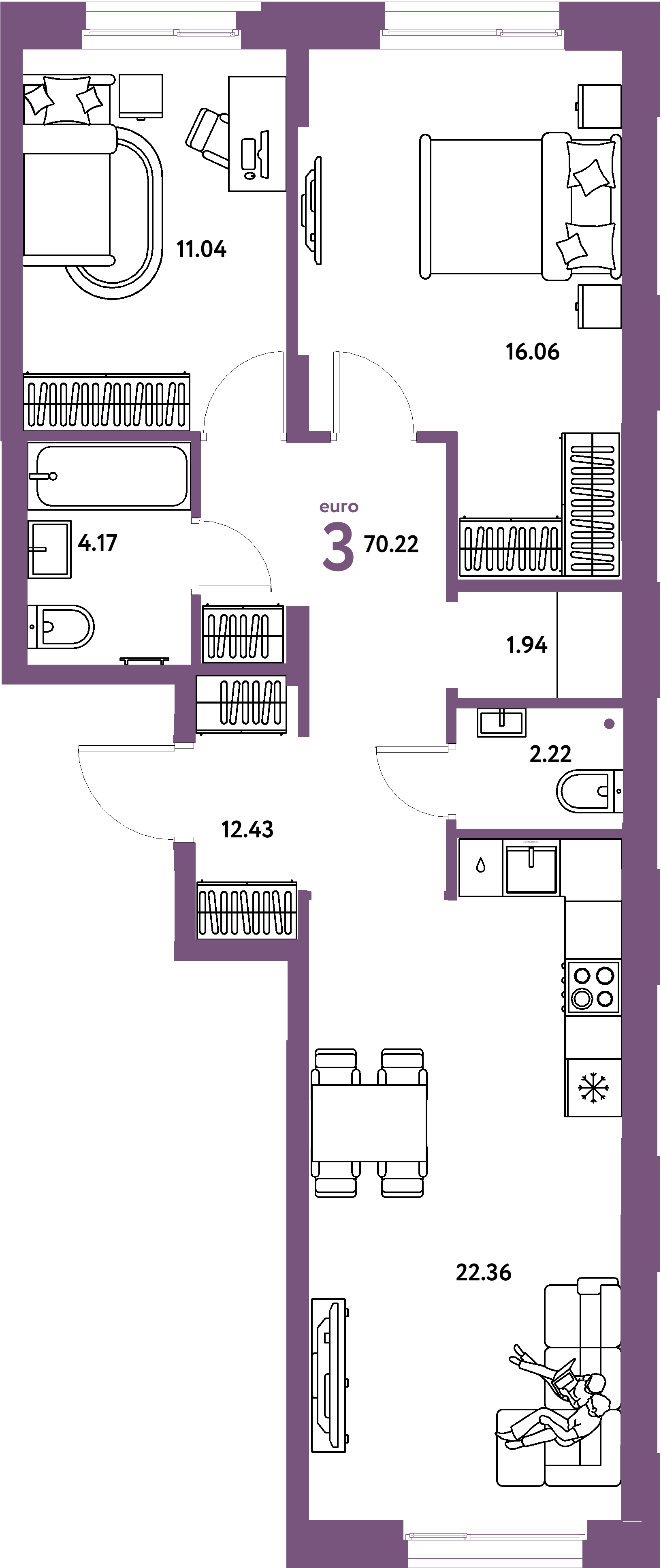 Планировка: Евротрёшка 70,22 м² в ЖК «Европейский берег 2.0»