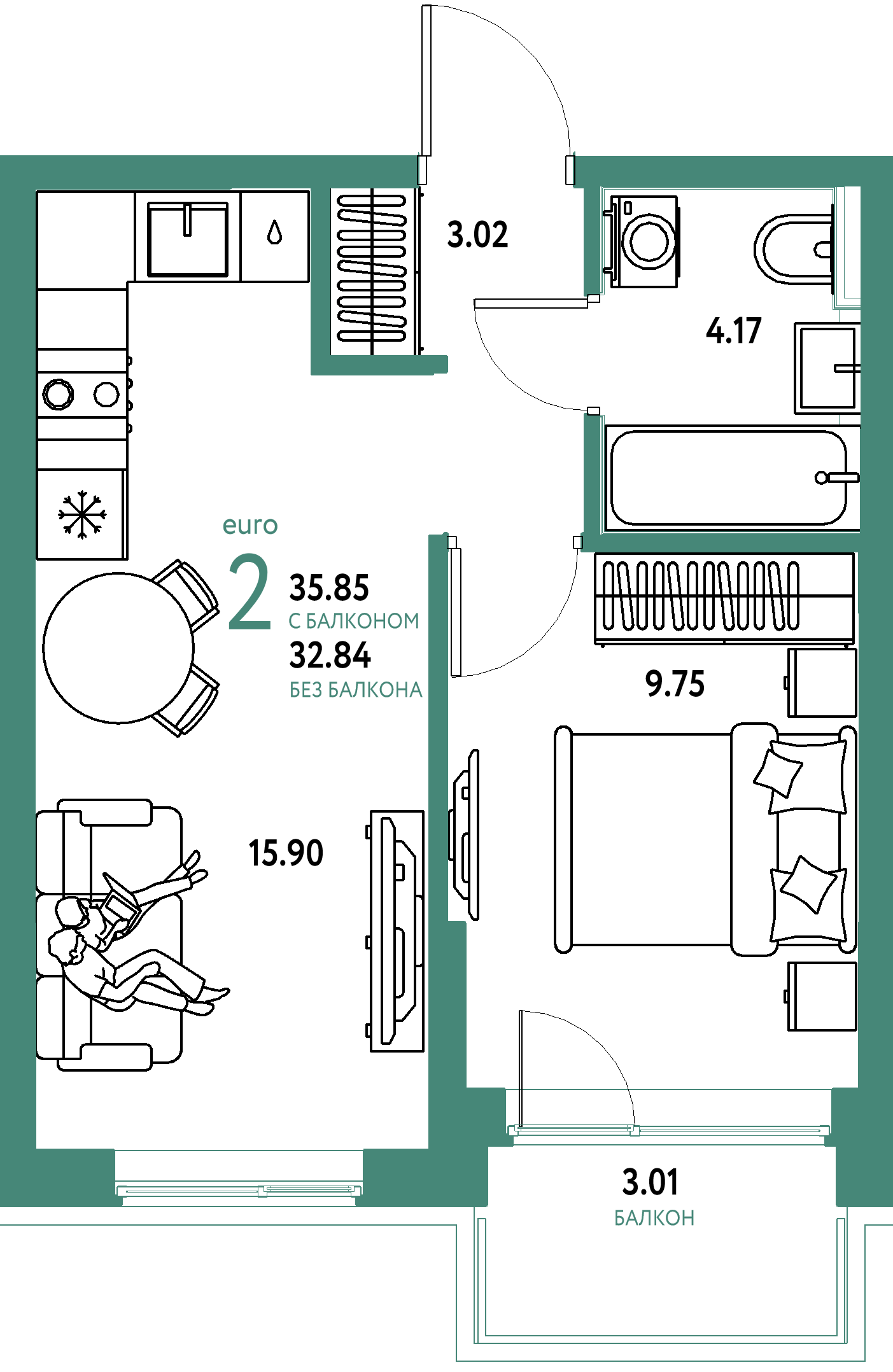 Планировка: Евродвушка 35,78 м² в ЖК «Остров-сад»