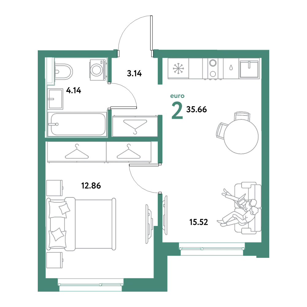Планировка: Евродвушка 35,66 м²