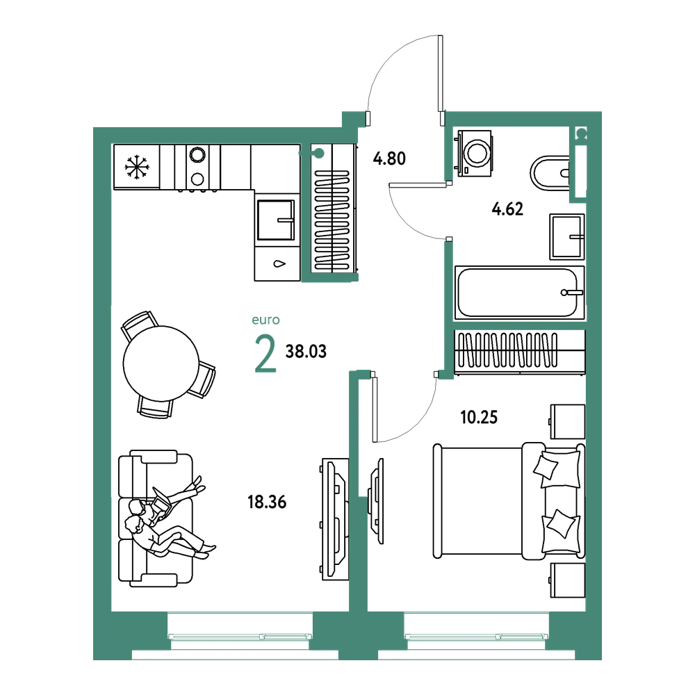 Планировка: Евродвушка 38,03 м²