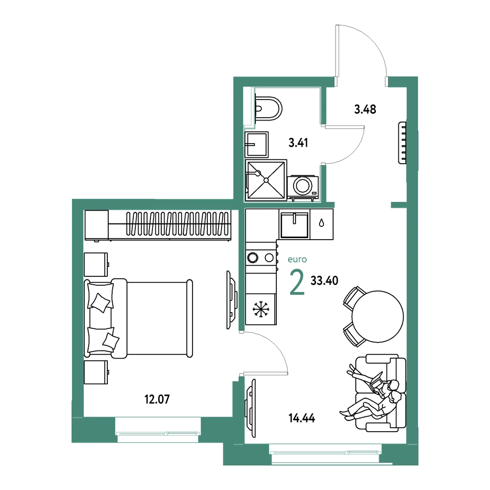 Планировка: Евродвушка 33,4 м²